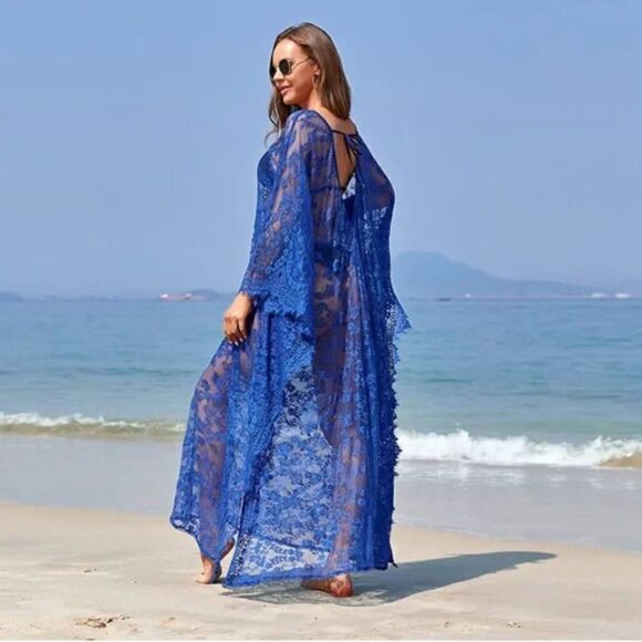 New Cover up Robe Women Boho Beach Eyelash Lace Soft Thin Oversized Royal Blue - Picture 4 of 6